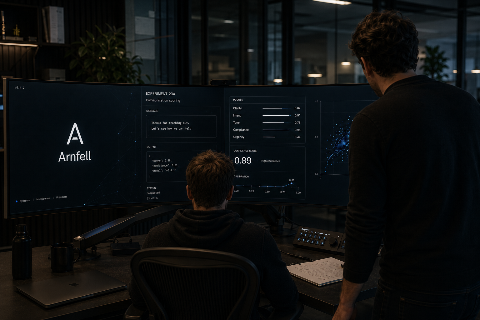 Two people reviewing a communication scoring experiment on a curved monitor in the Arnfell studio